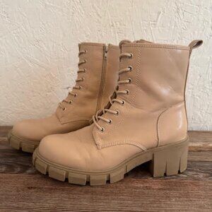 Firelli Women Combat Boots Lace Up Ankle Calf Chunky Heel Booties, Beige, Size 9